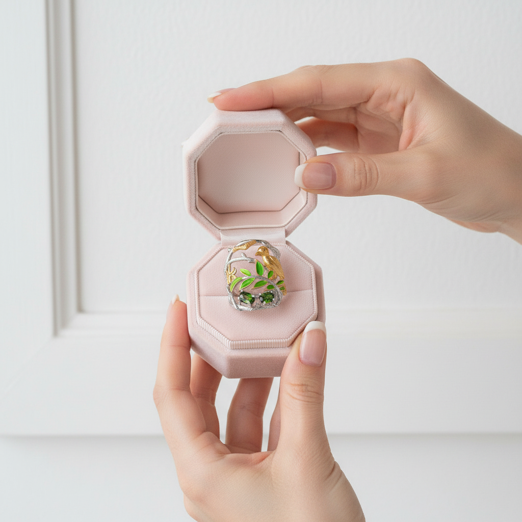 Flowers And Birds On Branch Ring-Black Diamonds New York