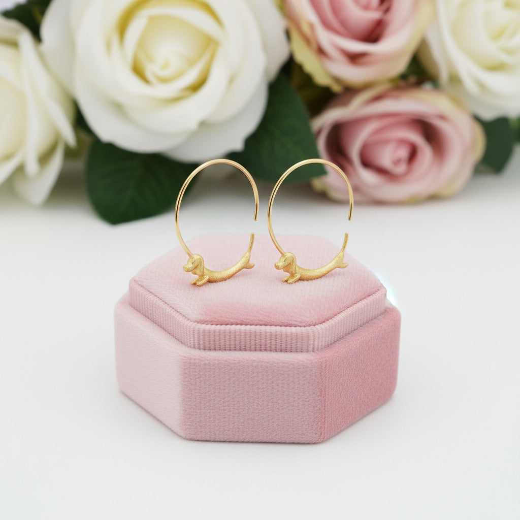 Flying Dachshund Dog Round Hoop Earrings-Black Diamonds New York