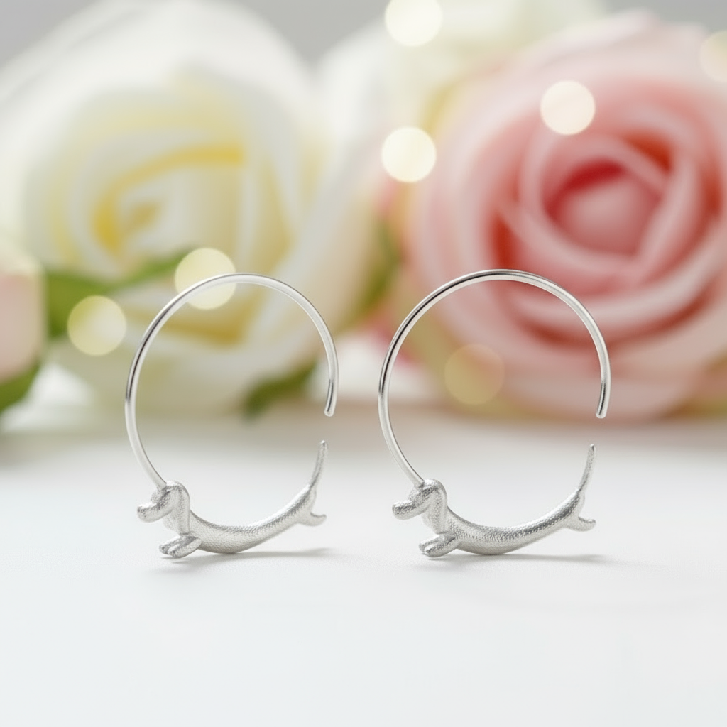 Flying Dachshund Dog Round Hoop Earrings-Black Diamonds New York