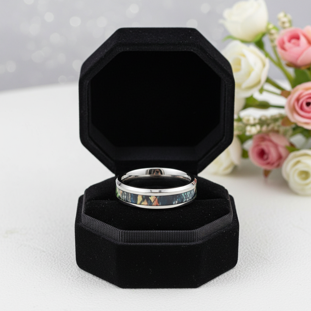 Forest Camouflage Tungsten Men's Wedding Band-Black Diamonds New York