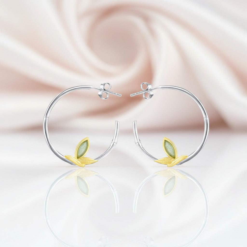 Fresh Bamboo Leaves Round Hoop Earrings-Black Diamonds New York
