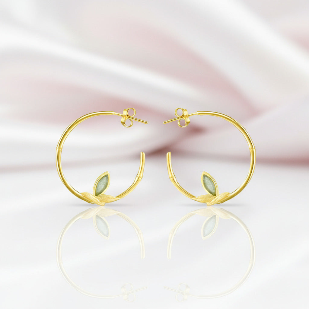 Fresh Bamboo Leaves Round Hoop Earrings-Black Diamonds New York