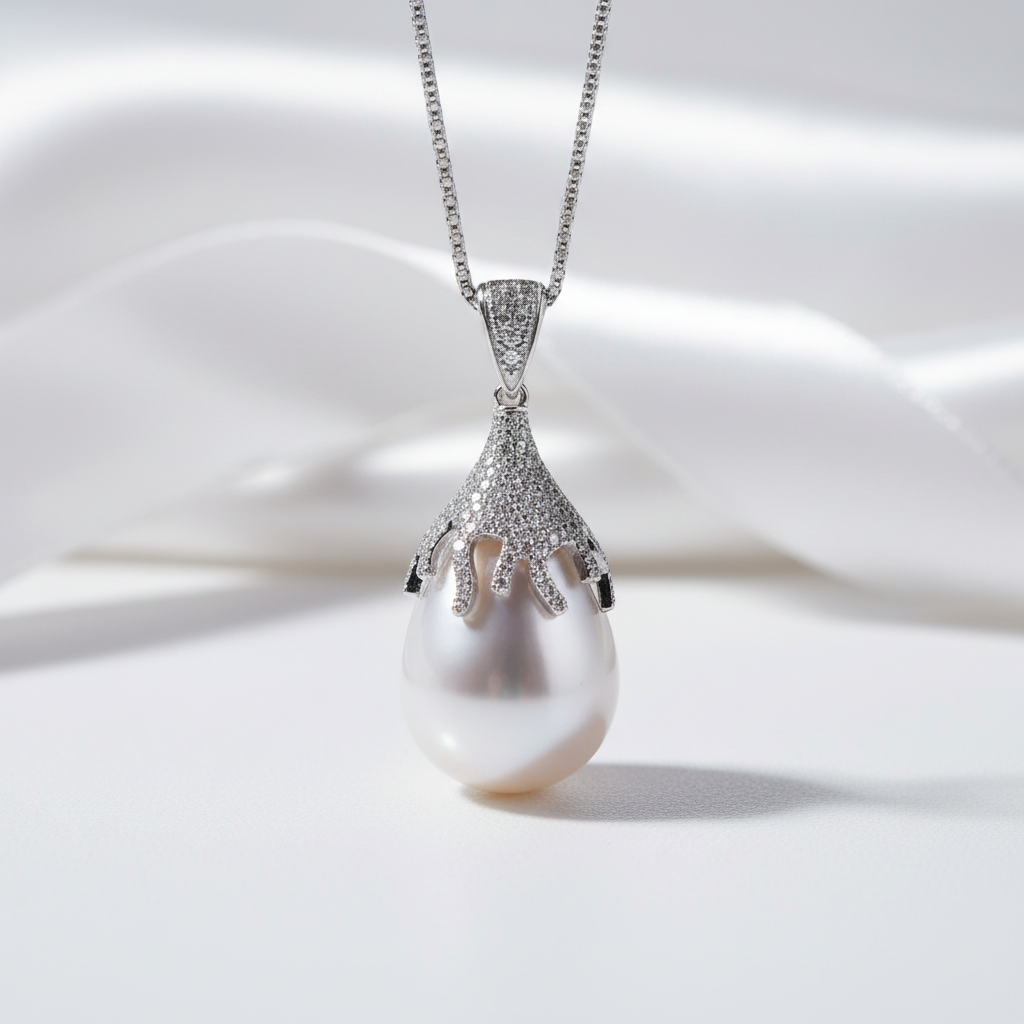 Natural Fresh Water White Pearl Jewelry Set-Black Diamonds New York