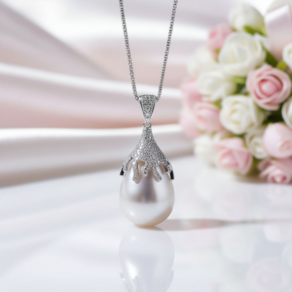 Natural Fresh Water White Pearl Jewelry Set-Black Diamonds New York