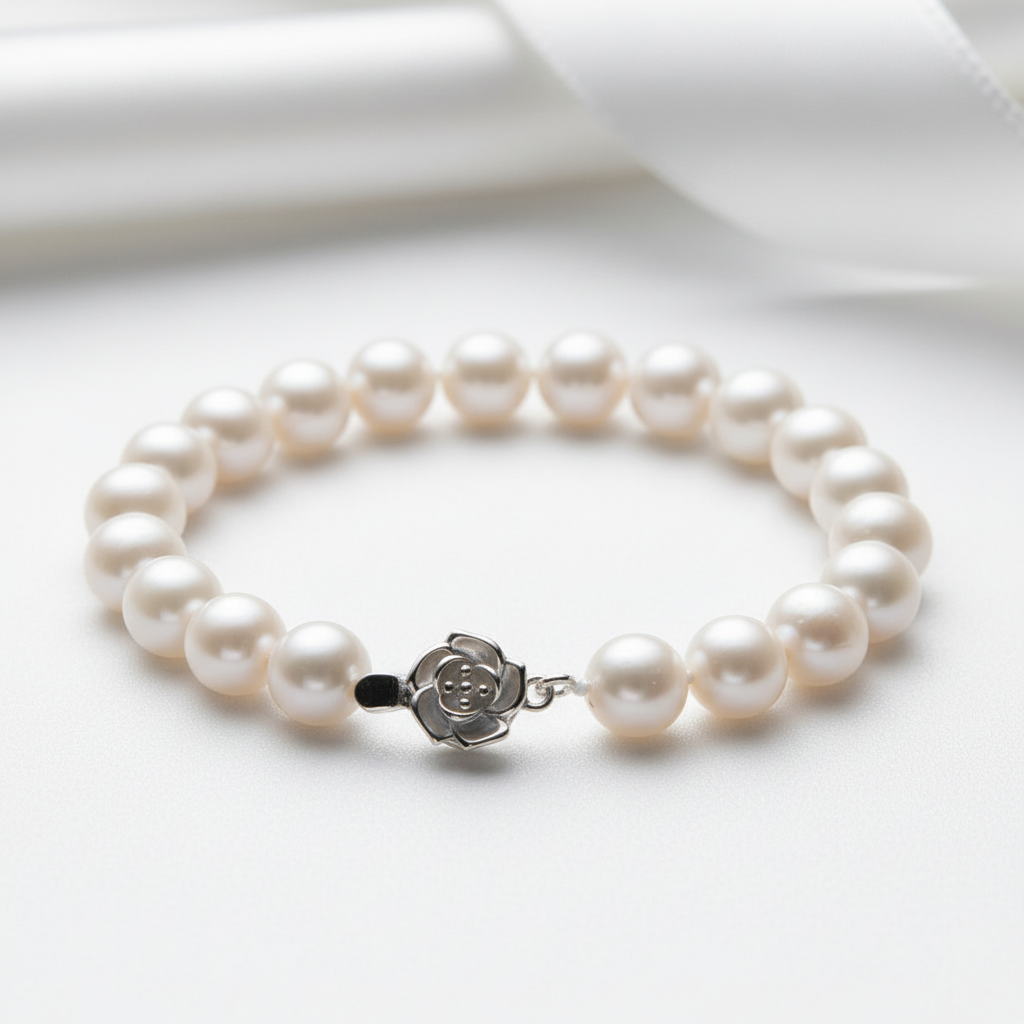 Freshwater Pearl Flower Charm Bracelet-Black Diamonds New York