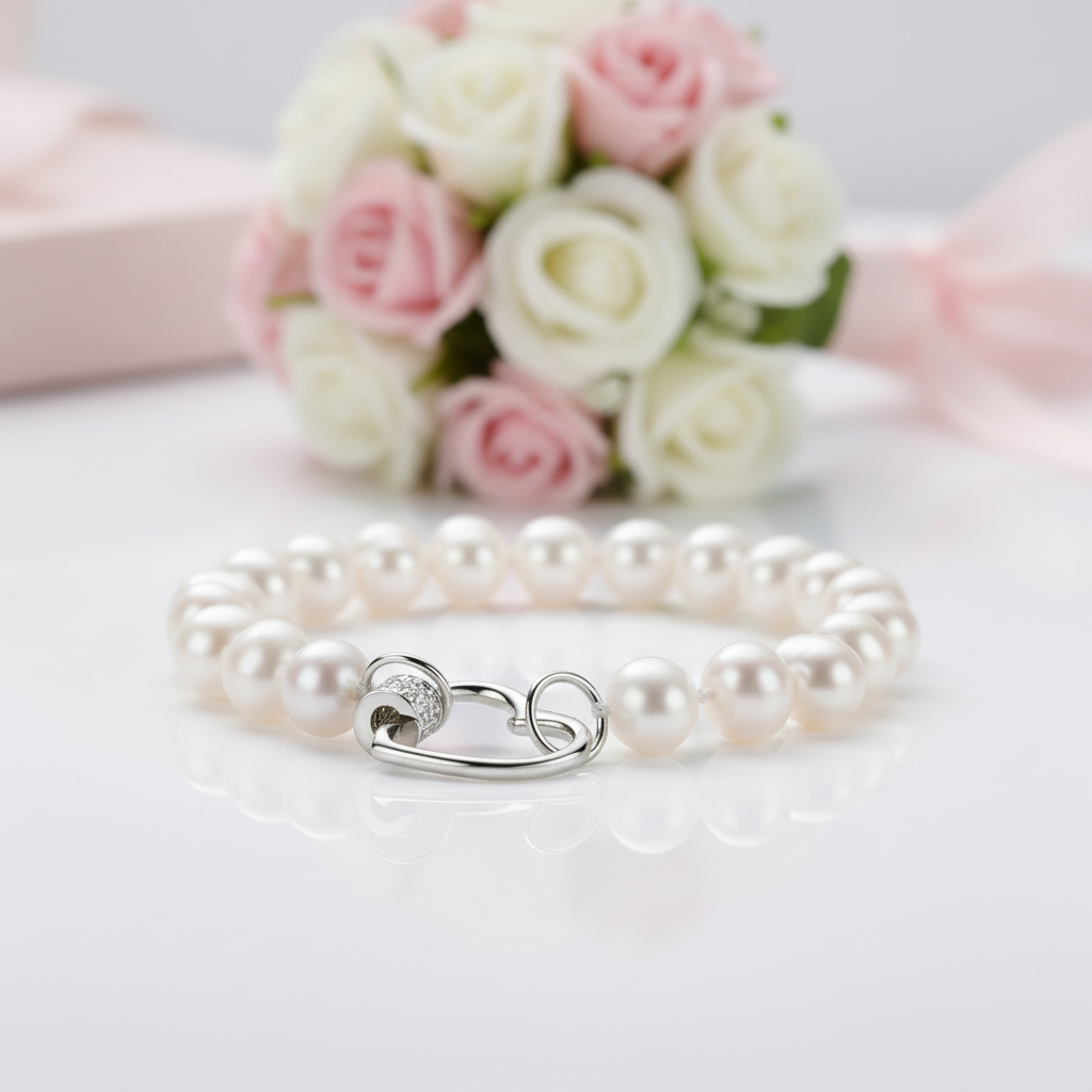 Freshwater Pearl Heart Shape Buckle Bracelet-Black Diamonds New York