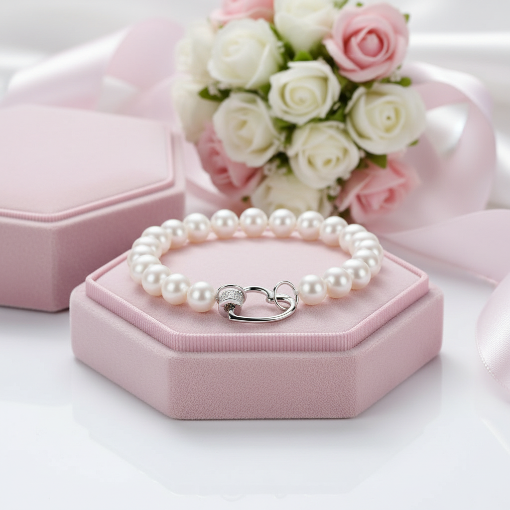 Freshwater Pearl Heart Shape Buckle Bracelet-Black Diamonds New York