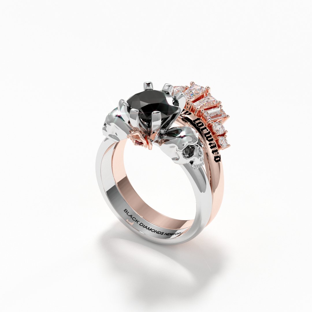 Flash Sale- From This Day Forward Wedding Rings- Round Cut Diamond Skull Gothic Wedding Rings in 14k White Gold-Black Diamonds New York