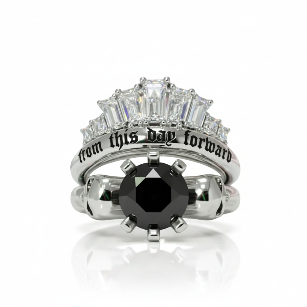 From This Day Forward Wedding Rings - Round Cut Diamond Option Skull Gothic Wedding Rings in 14k White Gold-Black Diamonds New York