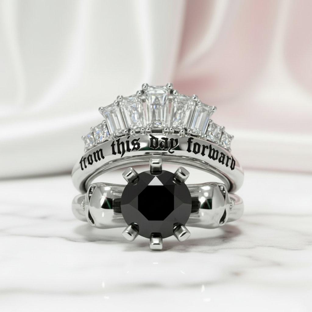 From This Day Forward Wedding Rings - Round Cut Diamond Option Skull Gothic Wedding Rings in 14k White Gold-Black Diamonds New York