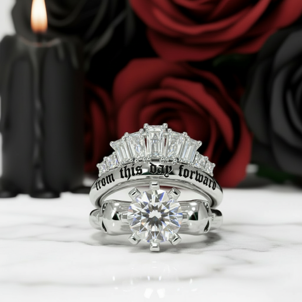 From This Day Forward Wedding Rings - Round Cut Diamond Skull Gothic Wedding Rings in 14k White Gold-Black Diamonds New York