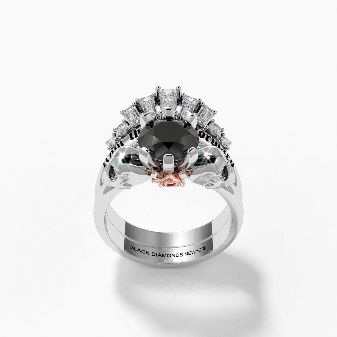Flash Sale- From This Day Forward Wedding Rings- Round Cut Diamond Skull Gothic Wedding Rings in 14k White Gold-Black Diamonds New York
