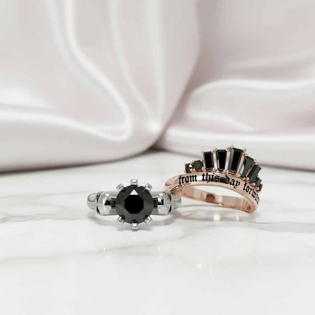 From This Day Forward Wedding Rings - Round Cut Diamond Skull Gothic Wedding Rings in 14k White Gold-Black Diamonds New York