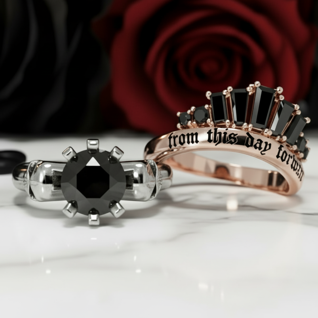 From This Day Forward Wedding Rings - Round Cut Diamond Option Skull Gothic Wedding Rings in 14k White Gold-Black Diamonds New York