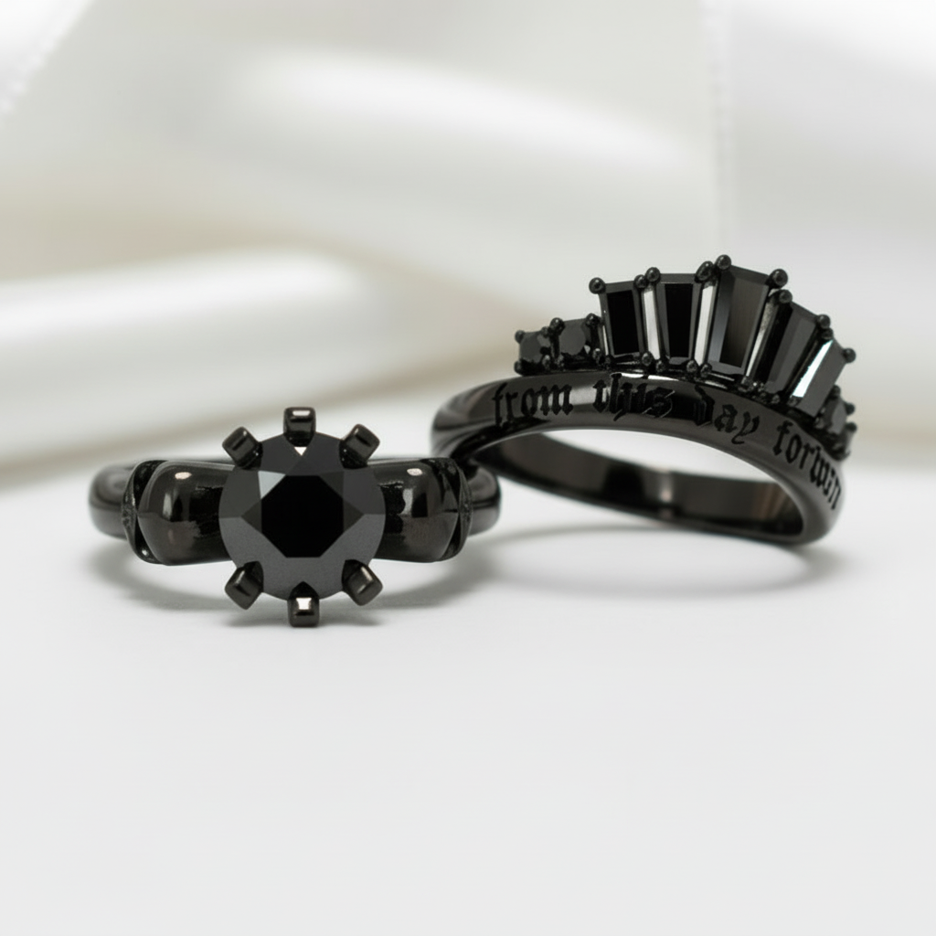 From This Day Forward Wedding Rings - Round Cut Diamond Option Skull Gothic Wedding Rings in 14k White Gold-Black Diamonds New York