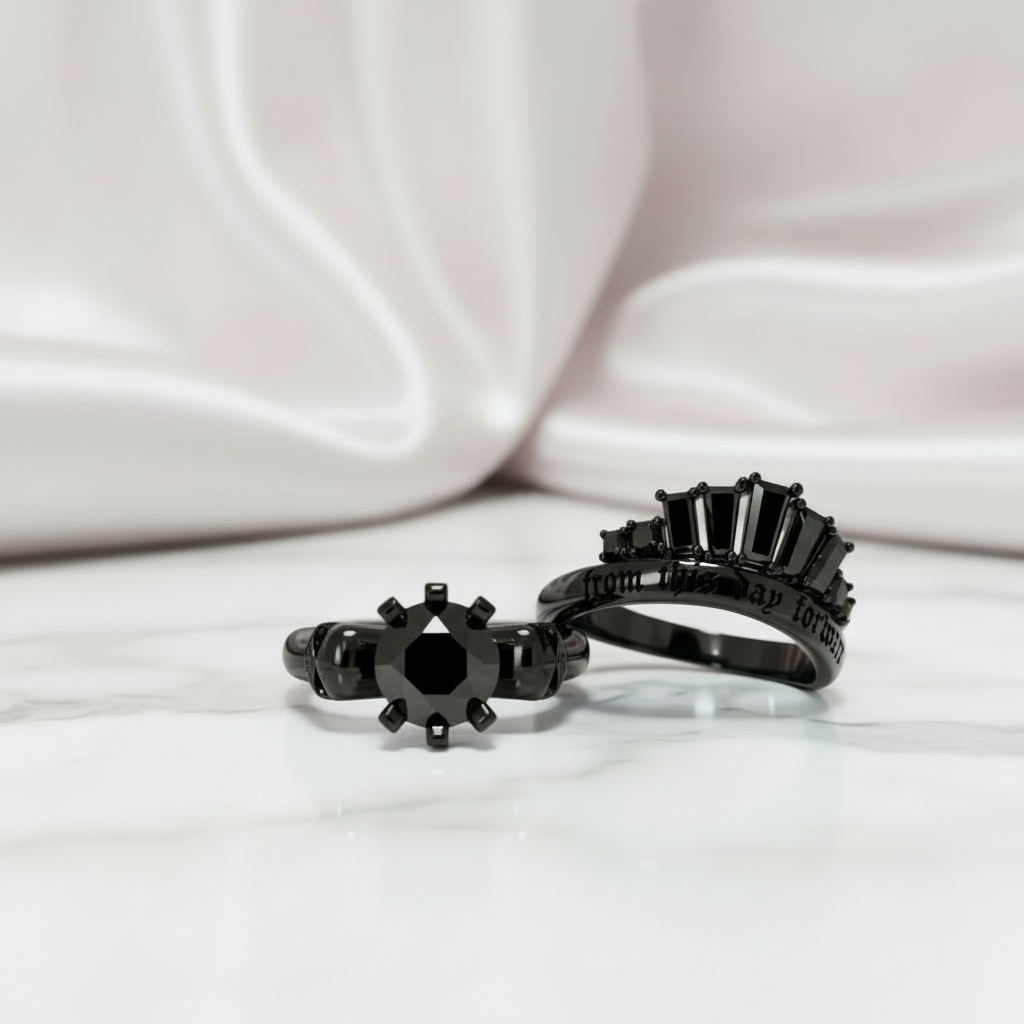 From This Day Forward Wedding Rings - Round Cut Diamond Skull Gothic Wedding Rings in 14k White Gold-Black Diamonds New York