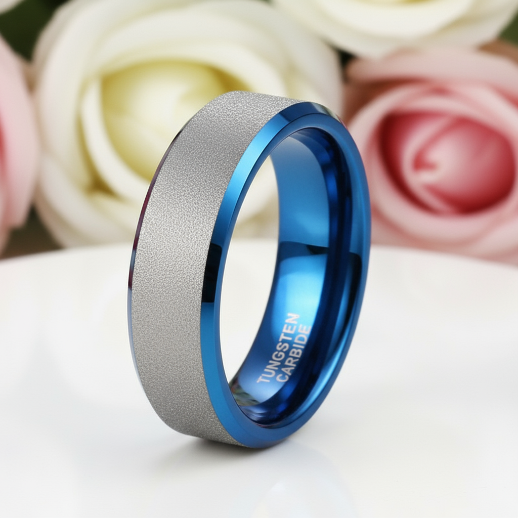 Frosted Blue & Silver Tungsten Carbide Wedding Band-Black Diamonds New York
