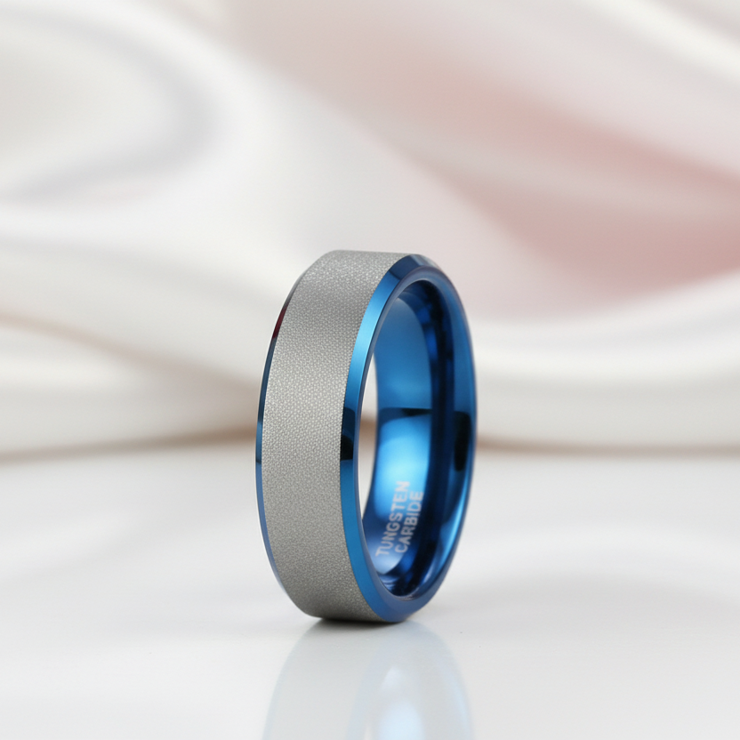 Frosted Blue & Silver Tungsten Carbide Wedding Band-Black Diamonds New York