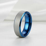 Frosted Blue & Silver Tungsten Carbide Wedding Band-Black Diamonds New York