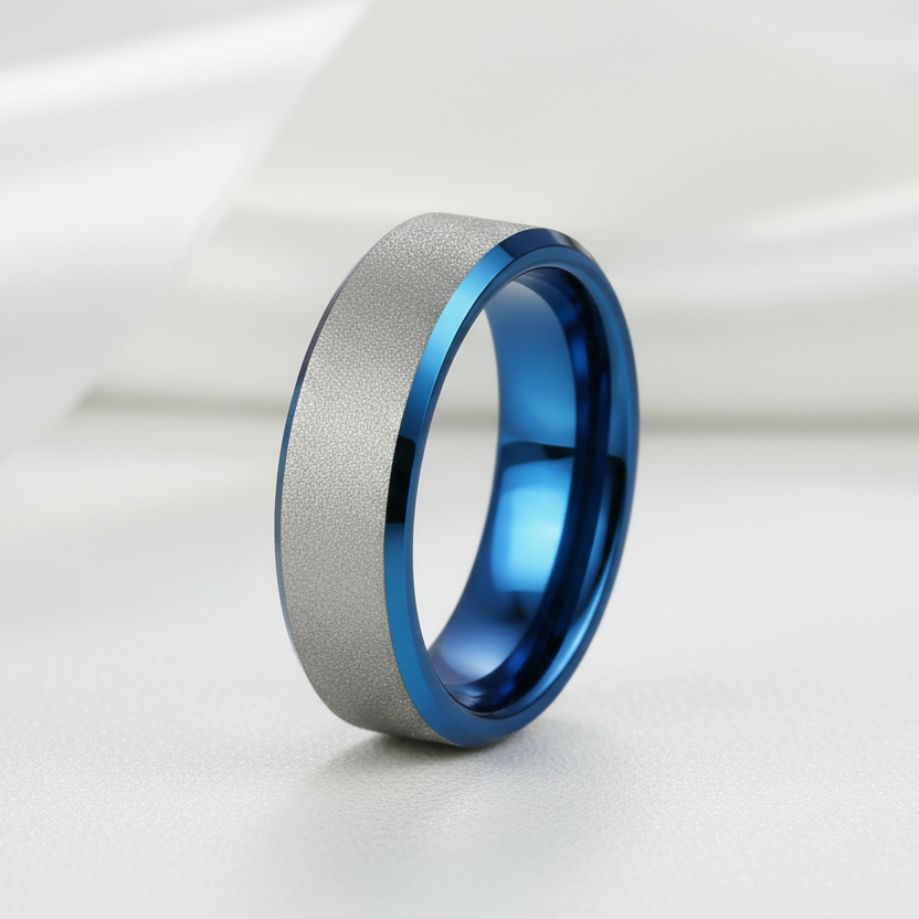 Frosted Blue & Silver Tungsten Carbide Wedding Band-Black Diamonds New York
