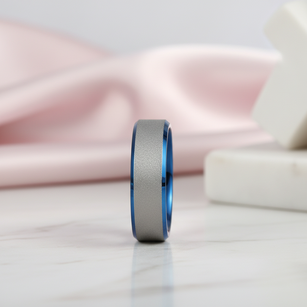 Frosted Blue & Silver Tungsten Carbide Wedding Band-Black Diamonds New York