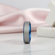 Frosted Blue & Silver Tungsten Carbide Wedding Band-Black Diamonds New York