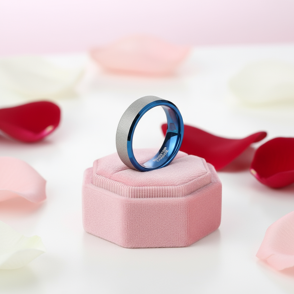 Frosted Blue & Silver Tungsten Carbide Wedding Band-Black Diamonds New York