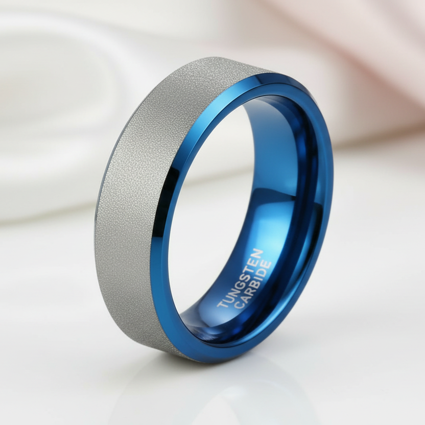 Frosted Blue & Silver Tungsten Carbide Wedding Band-Black Diamonds New York
