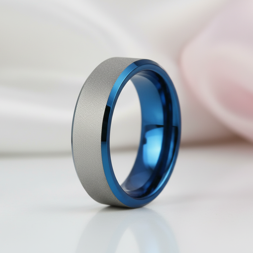 Frosted Blue & Silver Tungsten Carbide Wedding Band-Black Diamonds New York