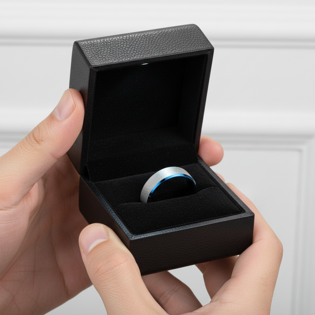 Frosted Blue & Silver Tungsten Carbide Wedding Band-Black Diamonds New York