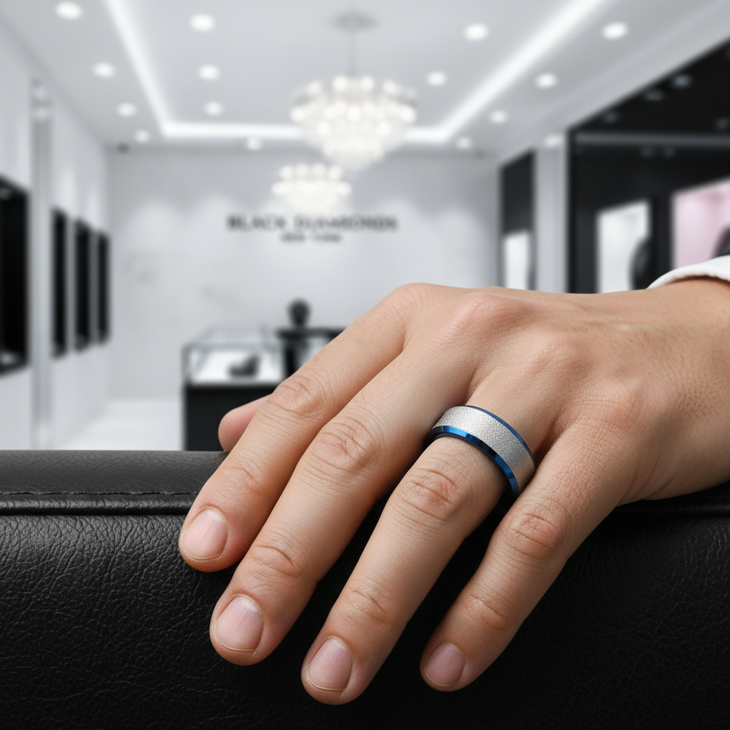 Frosted Blue & Silver Tungsten Carbide Wedding Band-Black Diamonds New York