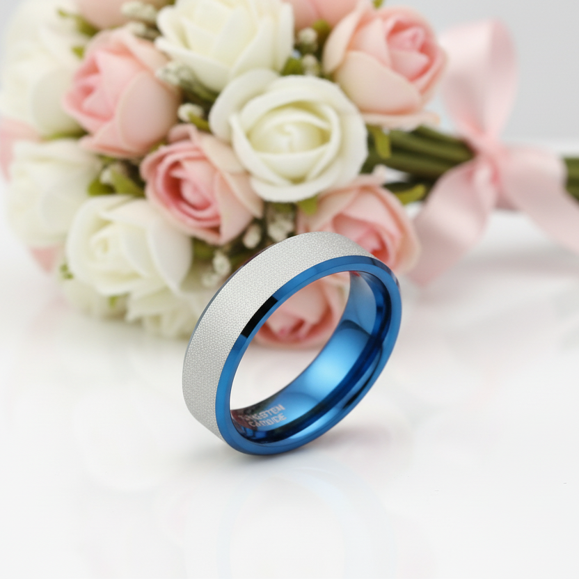 Frosted Blue & Silver Tungsten Carbide Wedding Band-Black Diamonds New York