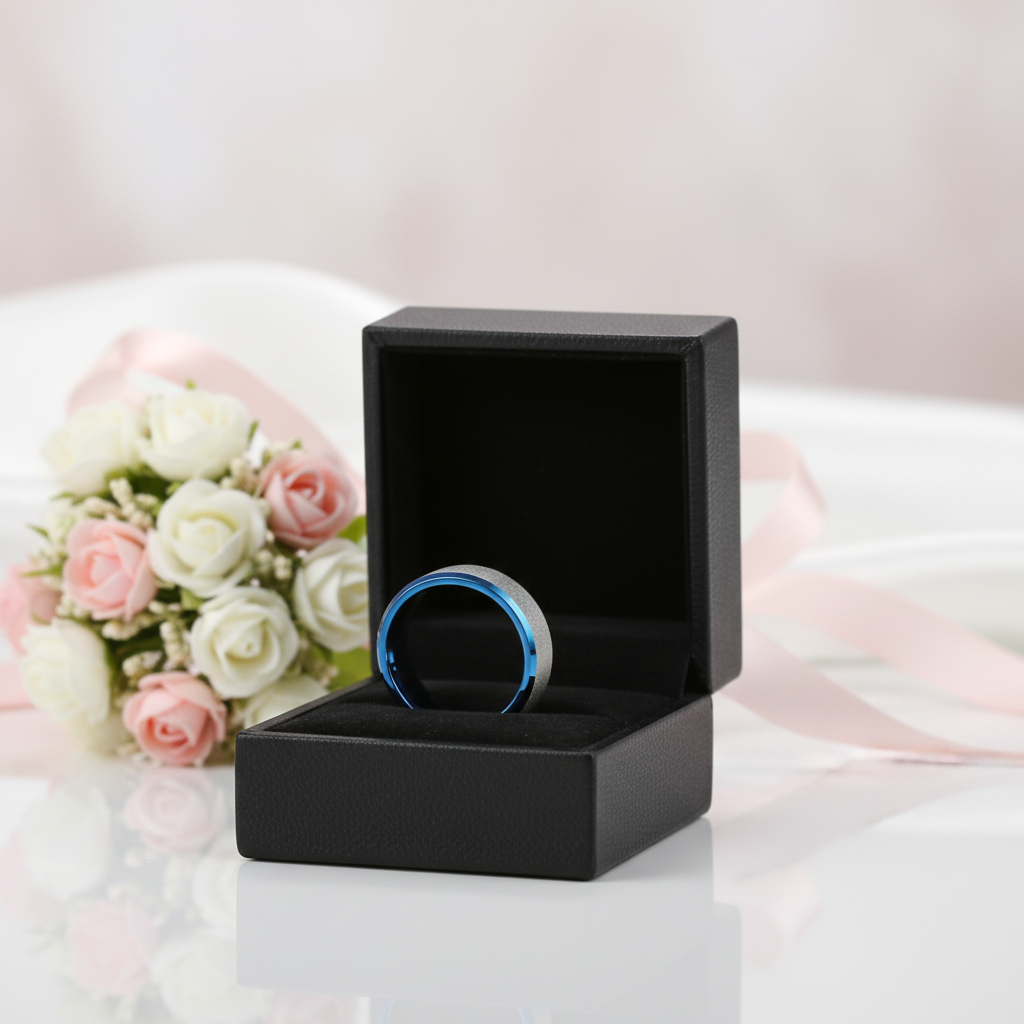 Frosted Blue & Silver Tungsten Carbide Wedding Band-Black Diamonds New York