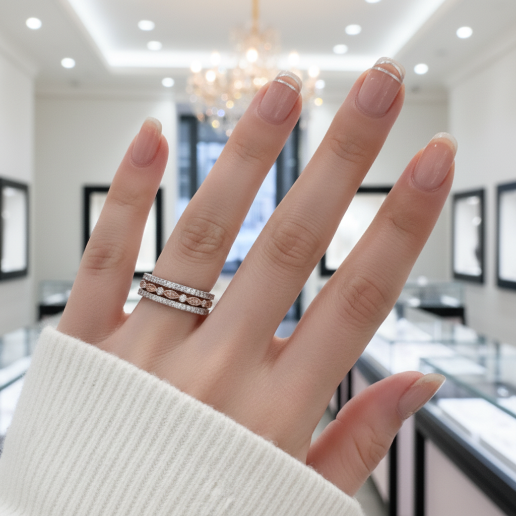 Full Eternity 3PC Stacking Wedding Band Set In Rose Gold-Black Diamonds New York