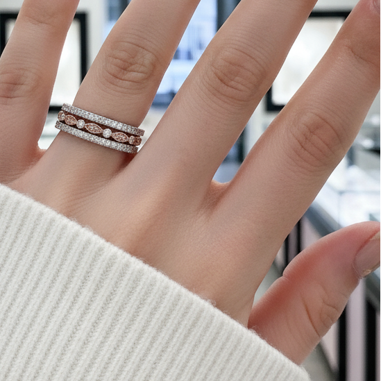 Full Eternity 3PC Stacking Wedding Band Set In Rose Gold-Black Diamonds New York