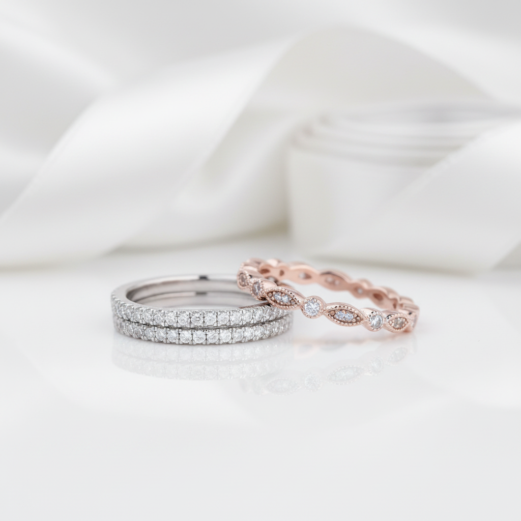 Full Eternity 3PC Stacking Wedding Band Set In Rose Gold-Black Diamonds New York