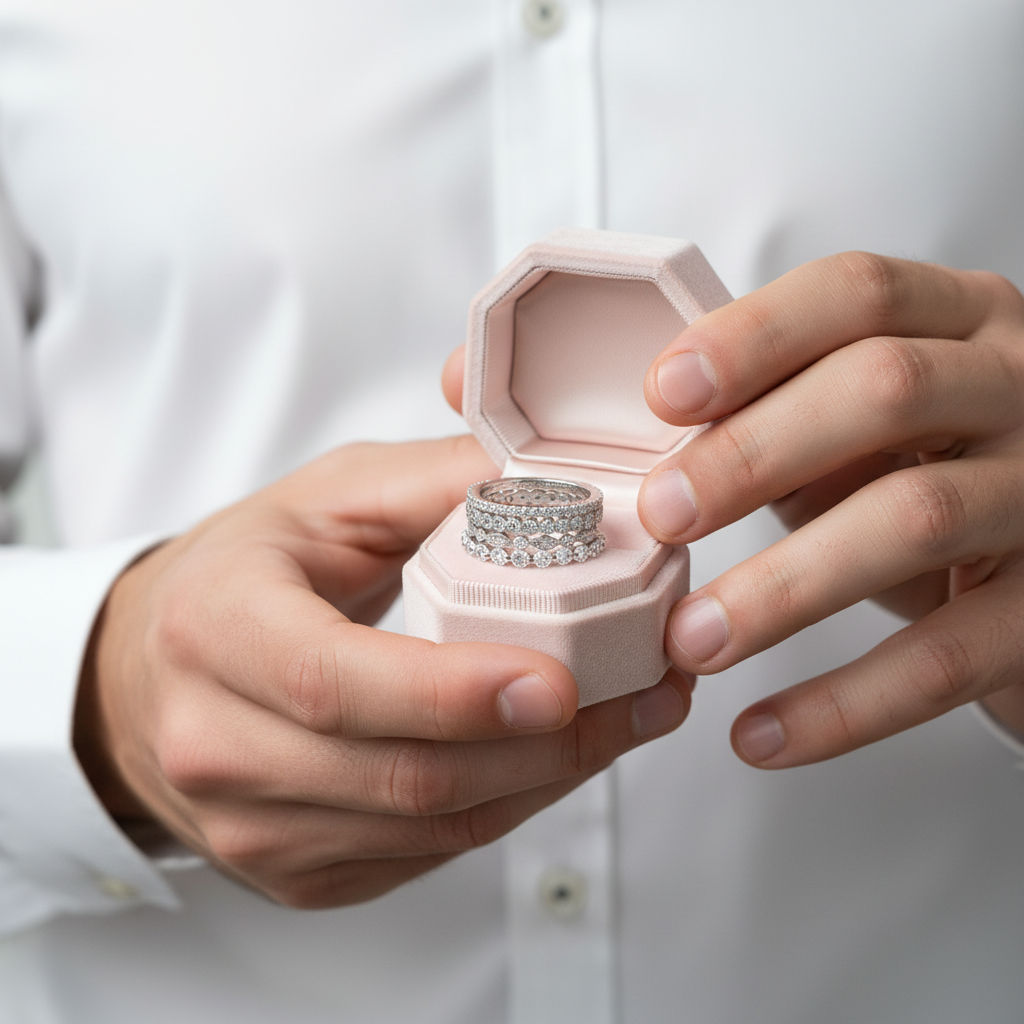 Person holding a pink jewelry box with two rings inside against a white background
