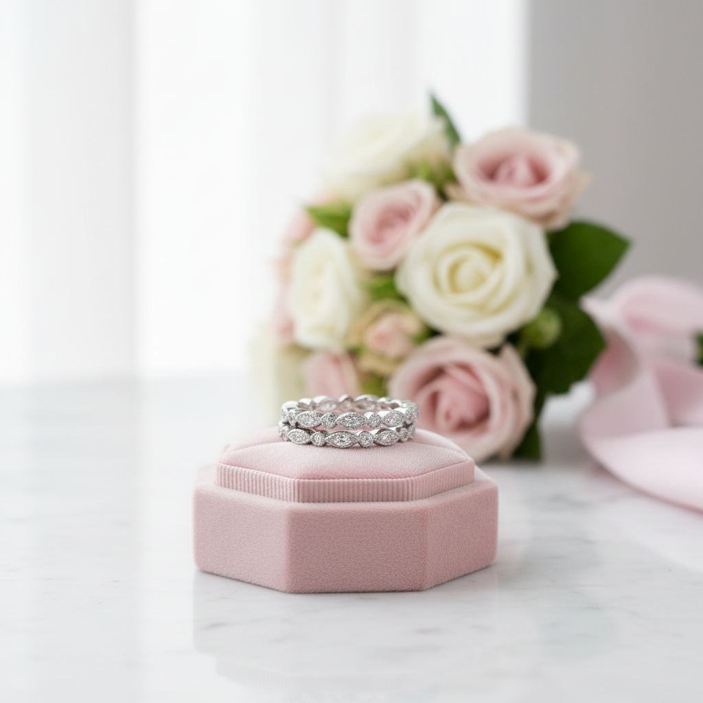 Full Eternity Art Deco Stacking Wedding Band Set-Black Diamonds New York