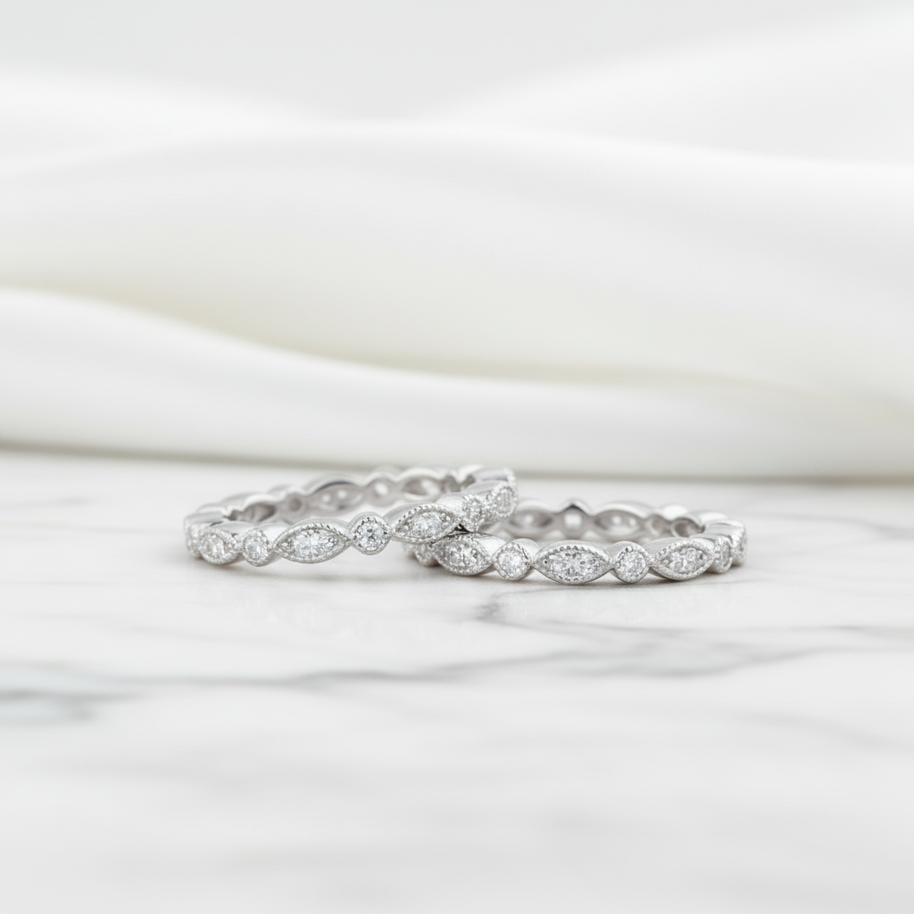 Full Eternity Art Deco Stacking Wedding Band Set-Black Diamonds New York