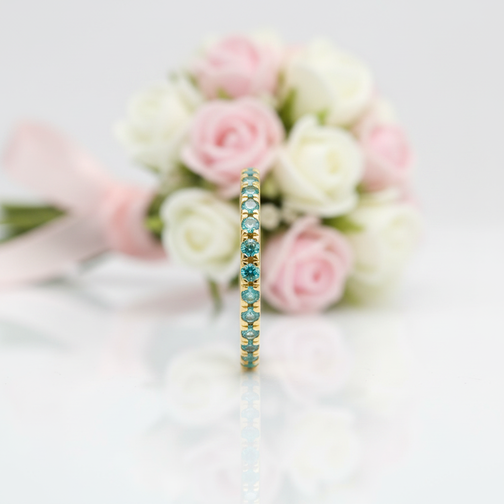 Full Eternity Yellow Gold Paraiba Tourmaline Wedding Band-Black Diamonds New York