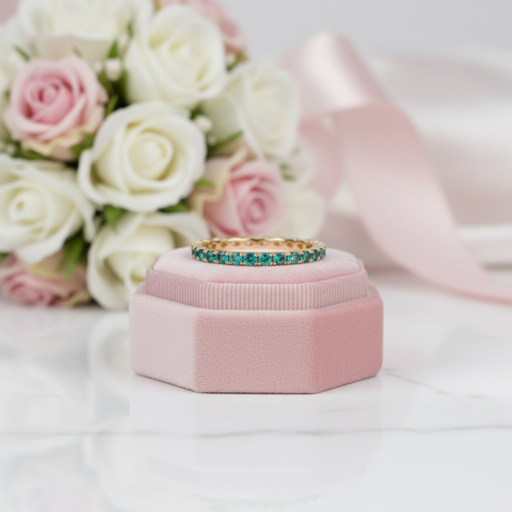 Full Eternity Yellow Gold Paraiba Tourmaline Wedding Band-Black Diamonds New York