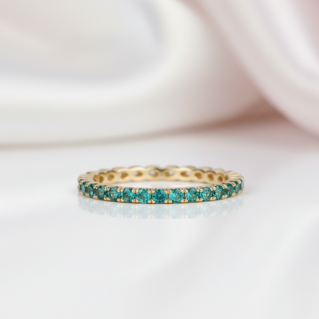 Full Eternity Yellow Gold Paraiba Tourmaline Wedding Band-Black Diamonds New York
