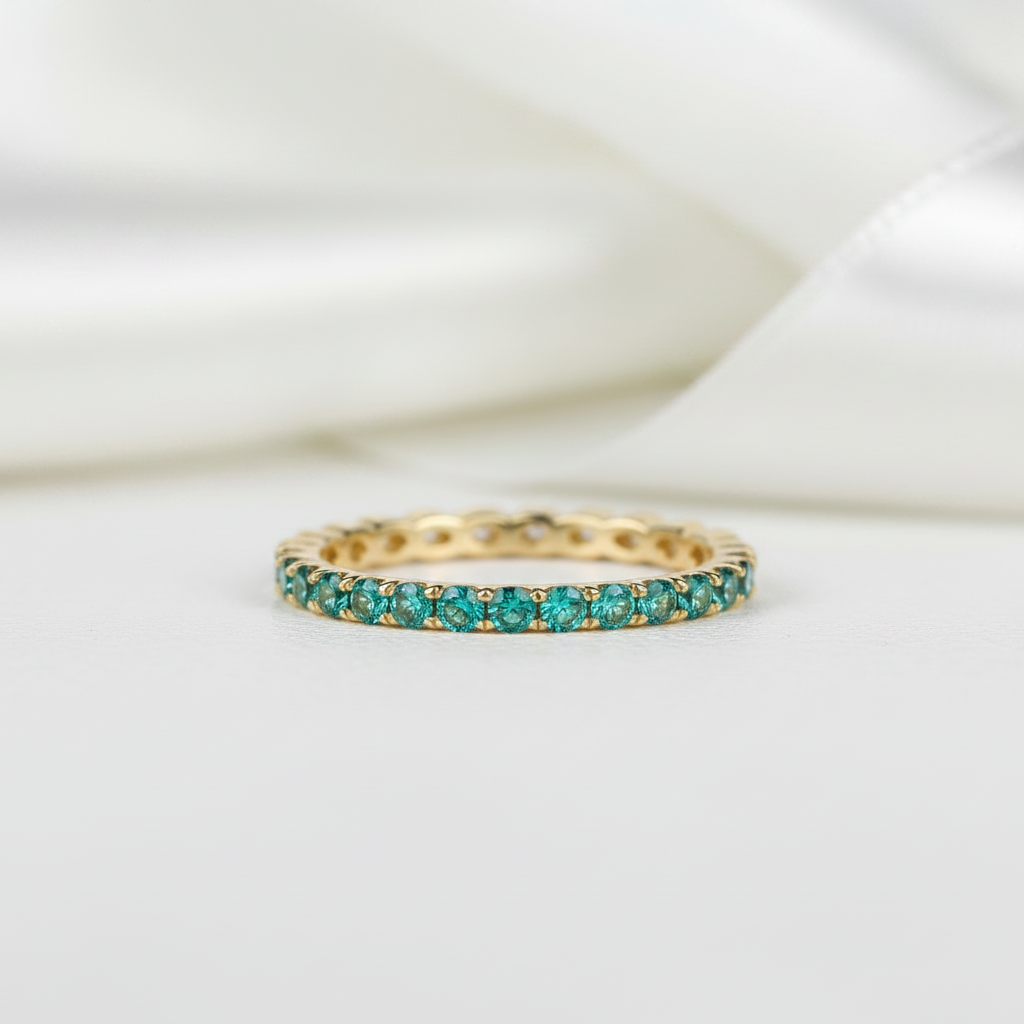 Full Eternity Yellow Gold Paraiba Tourmaline Wedding Band-Black Diamonds New York