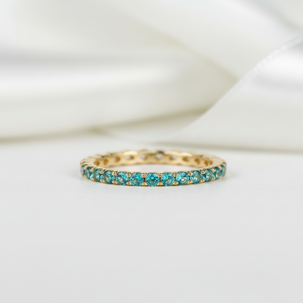 Full Eternity Yellow Gold Paraiba Tourmaline Wedding Band-Black Diamonds New York