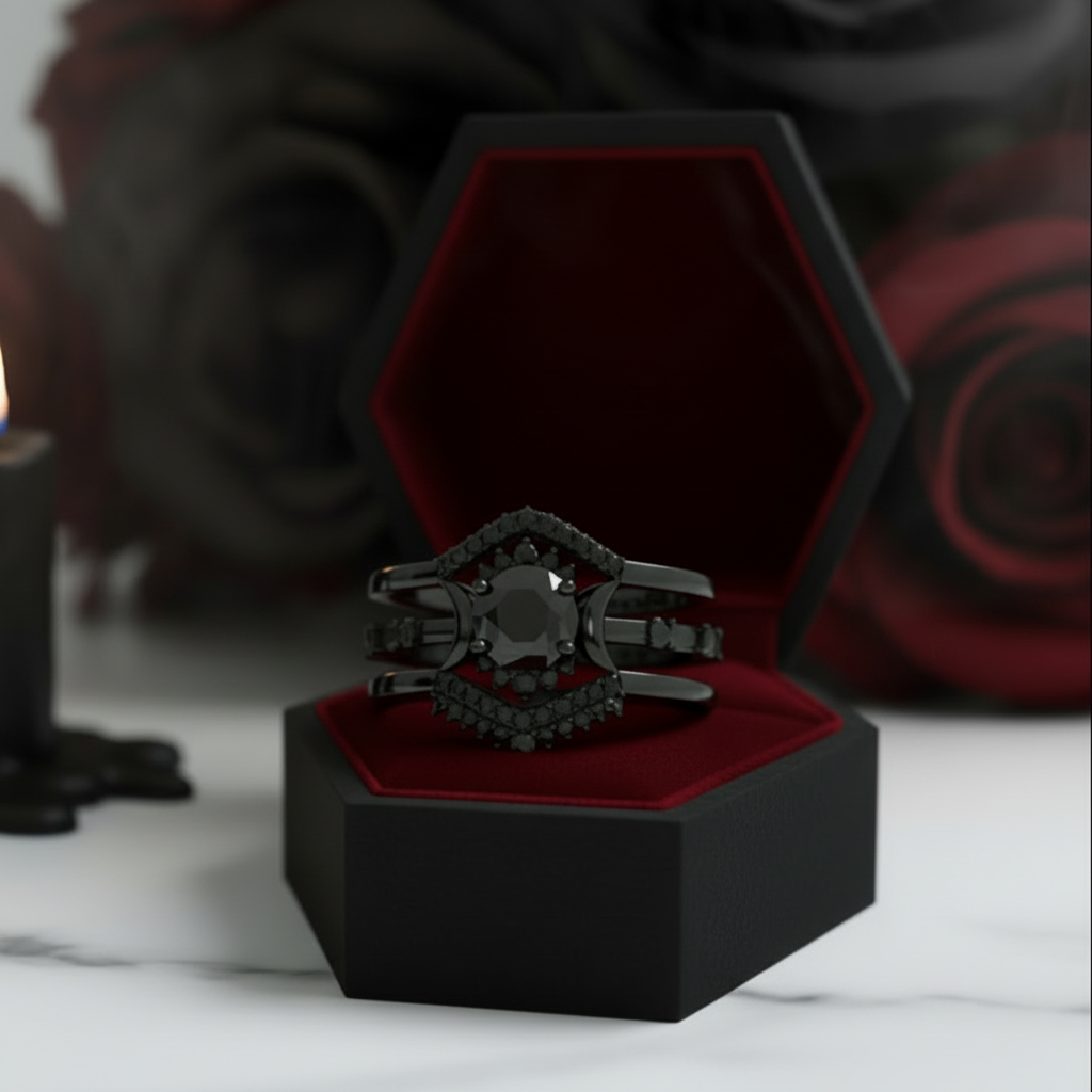 Full Moon- Radiant Celestial Moon Round Created Diamond Option Gothic Engagement Ring-Black Diamonds New York