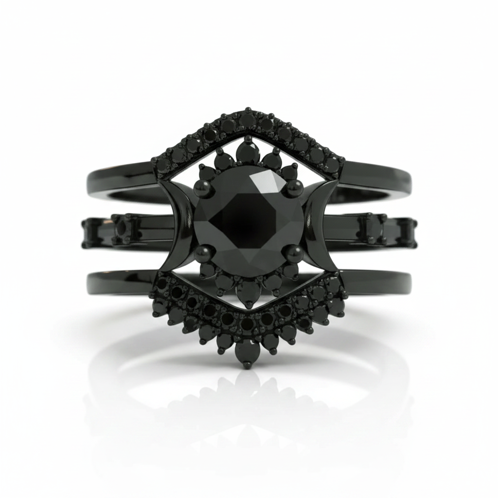 Full Moon- Radiant Celestial Moon Round Diamond Option Gothic Engagement Ring-Black Diamonds New York