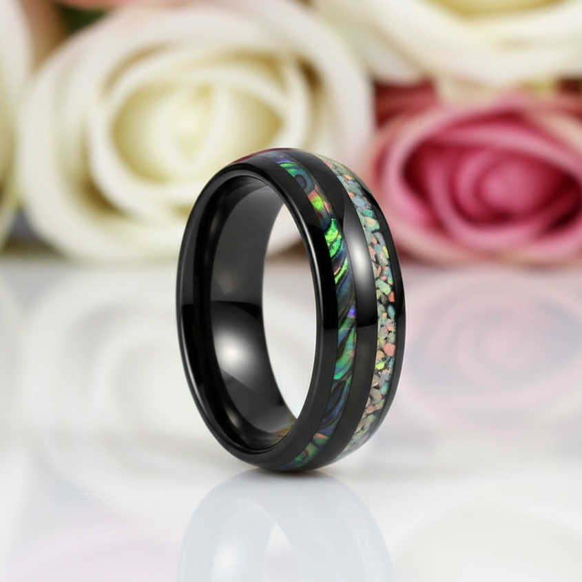 Galaxy Opal & Abalone Shell Men's Tungsten Wedding Band-Black Diamonds New York