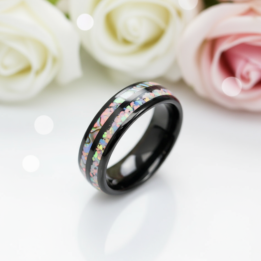 Galaxy Opal & Abalone Shell Men's Tungsten Wedding Band-Black Diamonds New York