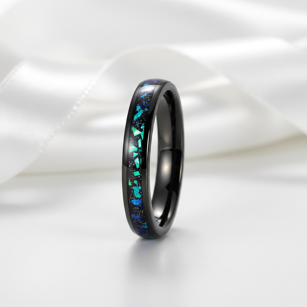 Galaxy Opal Inlay Men's Tungsten Wedding Band-Black Diamonds New York