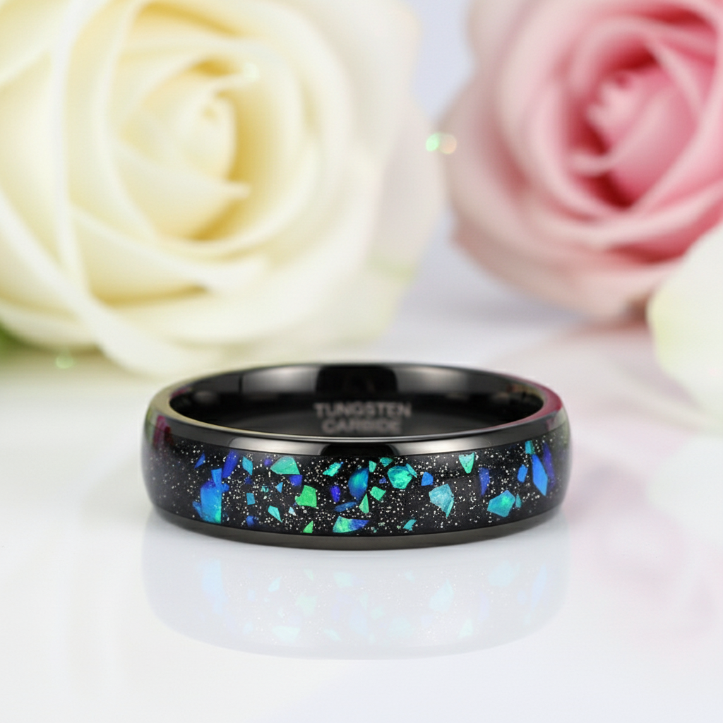 Galaxy Opal Inlay Men's Tungsten Wedding Band-Black Diamonds New York